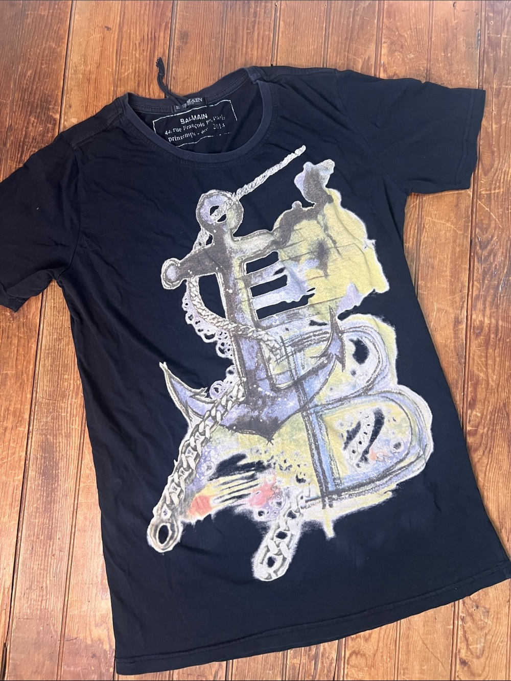 Vintage Balmain Men’s Black Short Sleeve T-Shirt B Anchor Graphic